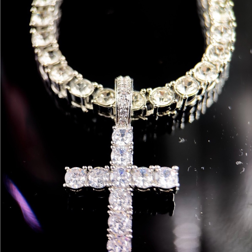 White Gold Plated CZ Cross Pendant + Tennis Chain Necklace 20”